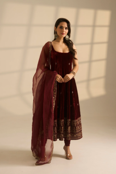 Astha Narang Red Velvet Border Work A-Line Anarkali Set