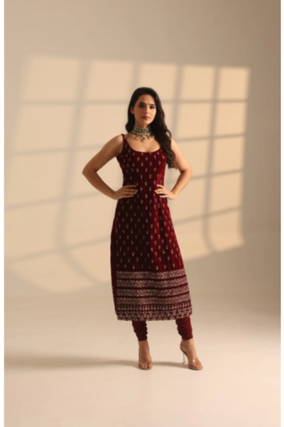 Astha Narang Red Velvet With Heavy Booti Work Long Kurti Set