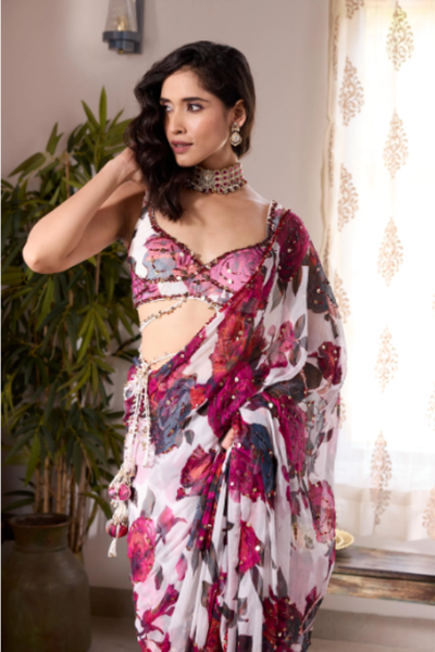 Astha Narang White & Pink Chiffon Floral Sari