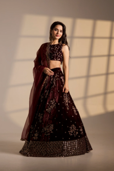 Astha Narang Wine With Booti Heavy check Border Work Lehenga Set