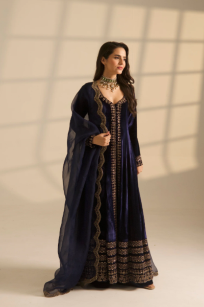 Astha Narang Blue Velvet A-Line Front Open Jacket Set