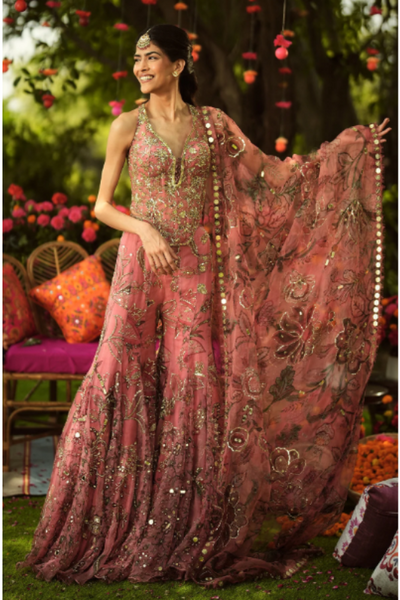 FALAK - Heavy Embroidered Corset Top And Dupatta With Embroidered Flared Gharara