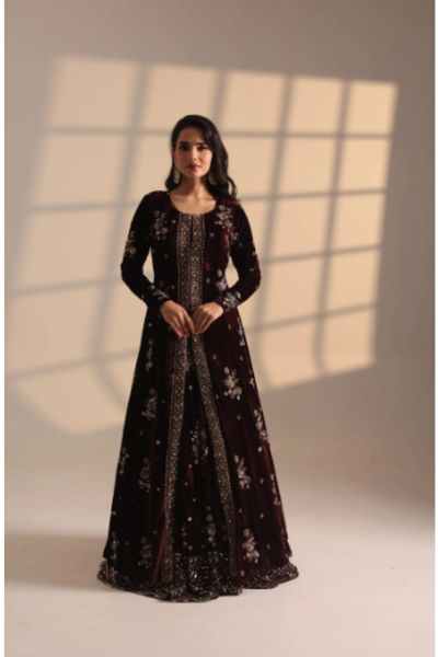 Astha Narang Wine With Heavy Booti Check Border Work Lehenga And Long Cape