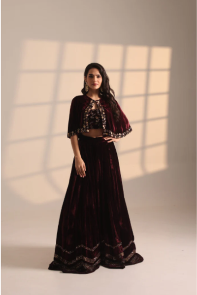 Astha Narang Wine Lehenga with Crop Top Set