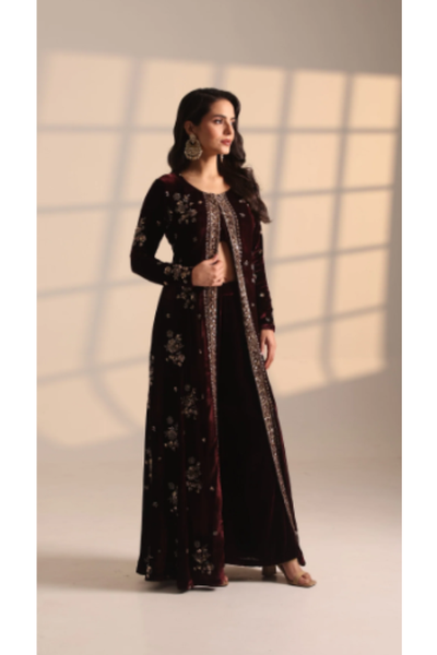Astha Narang Wine Long Cape And Antique Sequence Work With Plazo Pant Set