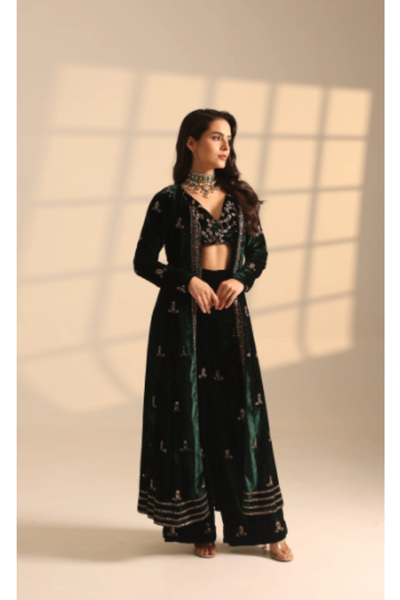 Astha Narang Emerald Green Crop Top And Long Cape With Palazzo Pant