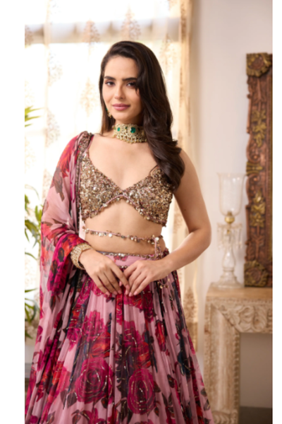 Astha Narang Lilac Chiffon floral lehenga set