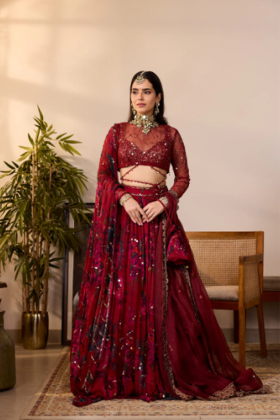 Astha Narang Deep Red Floral Lehenga Set