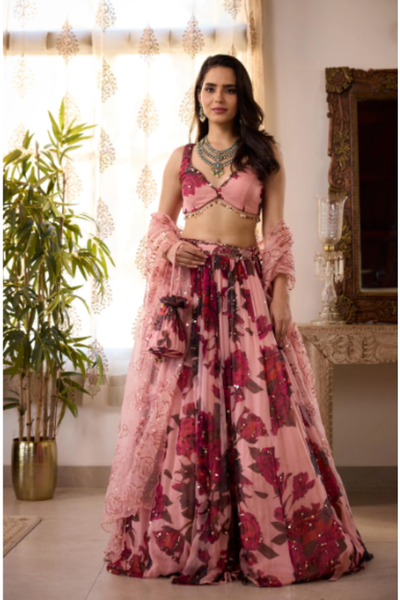 Astha Narang Peach Pink Chiffon Floral lehenga set