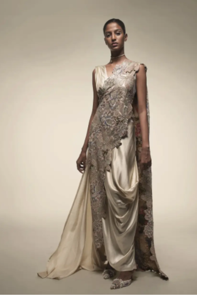 Anamika Khanna one-sided drape with cowl skirt with Palla .