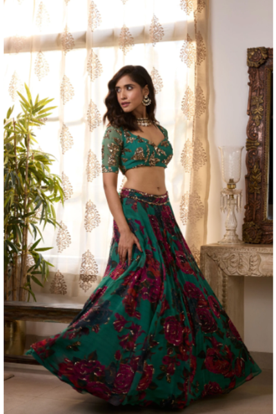 Astha Narang Teal Green Chiffon Lehenga set .