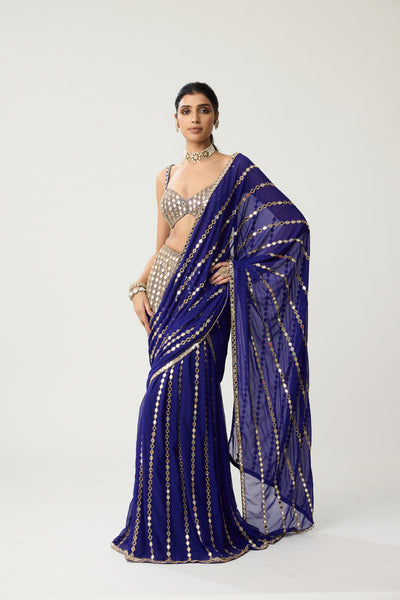 Persian Blue Fitted Linear Mirror Saree Set