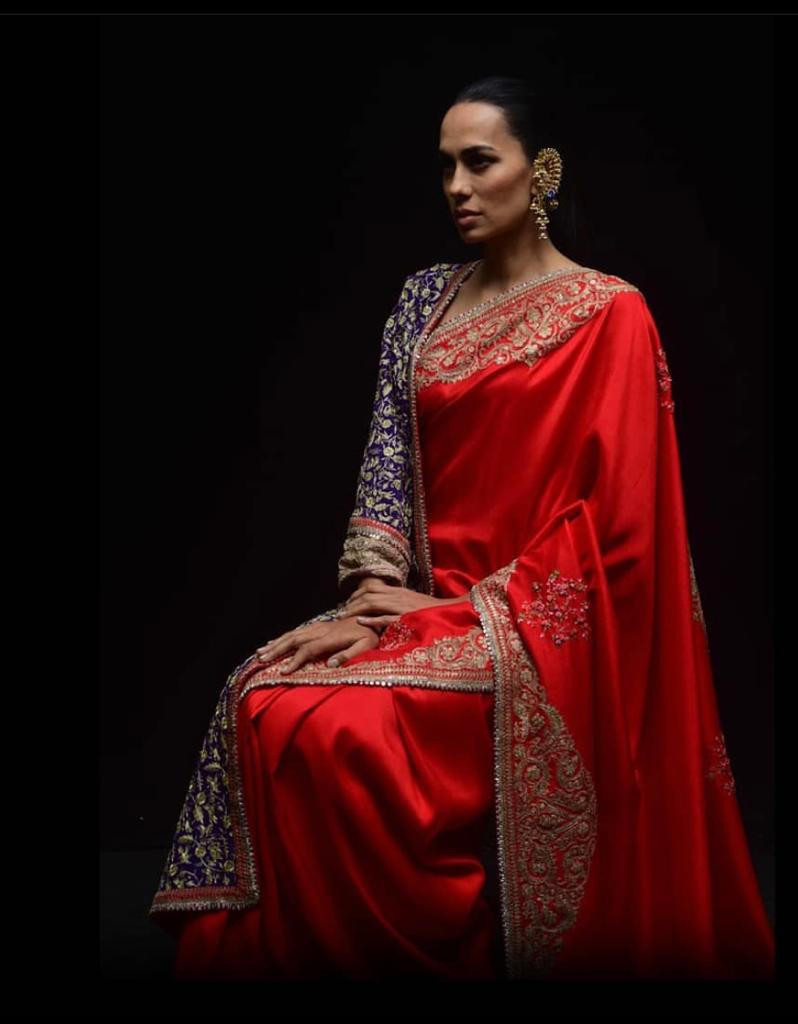Anamika Khanna red silk dupion saree - The Grand Trunk