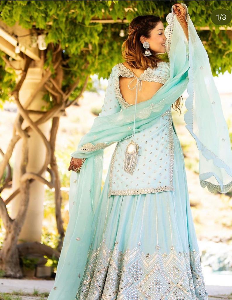 Abhina Mishra - Blue mirror and gota lehenga set - The Grand Trunk