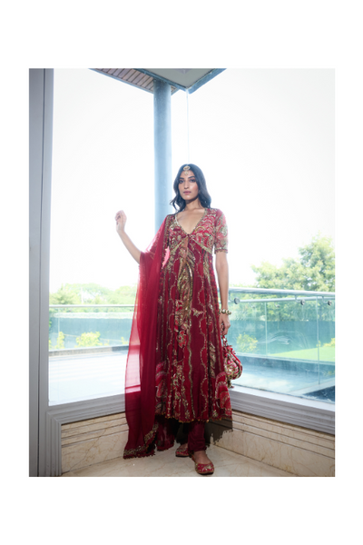 Anabia Embroidered Front Open Kalidar with Pants and Dupatta