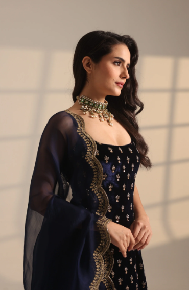 Astha Narang  Blue Velvet With Heavy Booti Long Kuri Set