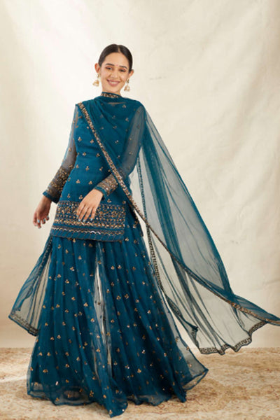 Teal Blue Organza Sequence Work Kurti Sharara Set - The Grand Trunk