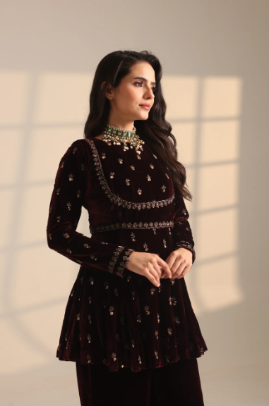 Astha Narang Wine Velvet A-Line Short Kurta And Coti With Plazo Pant Set