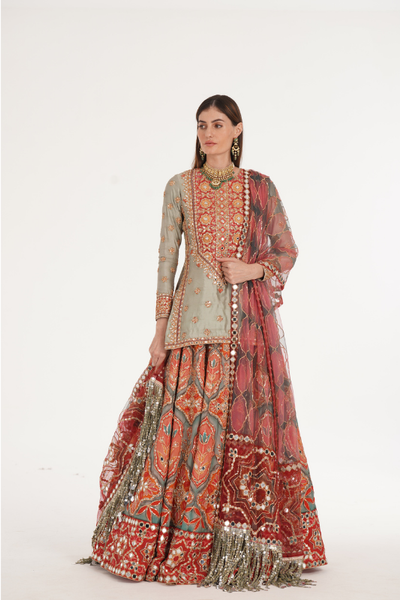 Ruby Forest Smoke Lehenga Set