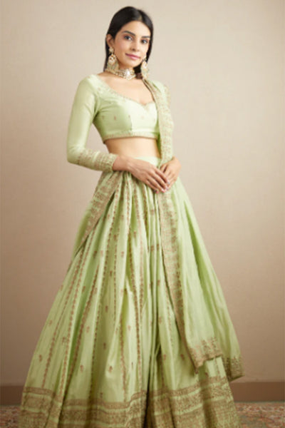MINT CHANDERI SILK LINE WORK LEHENGA SET - The Grand Trunk