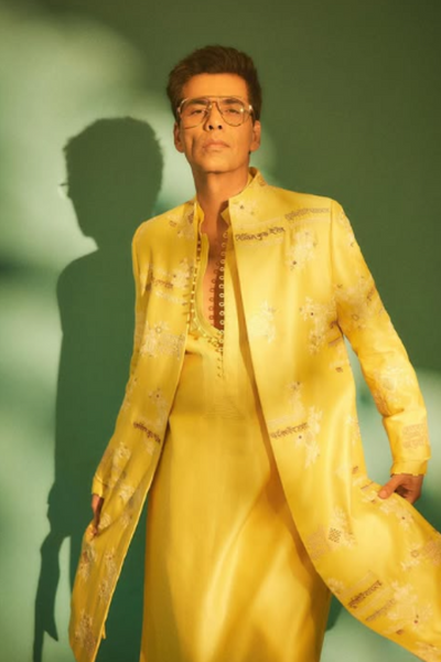 Karan Johar in Threadwork And Ganesh Mantra Embroidered In Zardozi Sherwani Kurta Pant Set