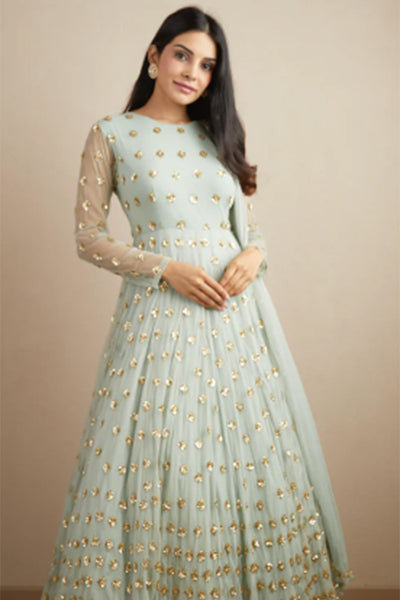 POWDER BLUE WITH GOLD BOOTIE WORK ANARKALI SET - The Grand Trunk