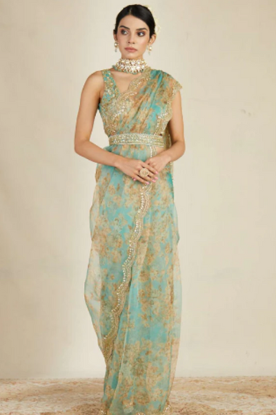 Mint Oganza Floral Saree Set - The Grand Trunk