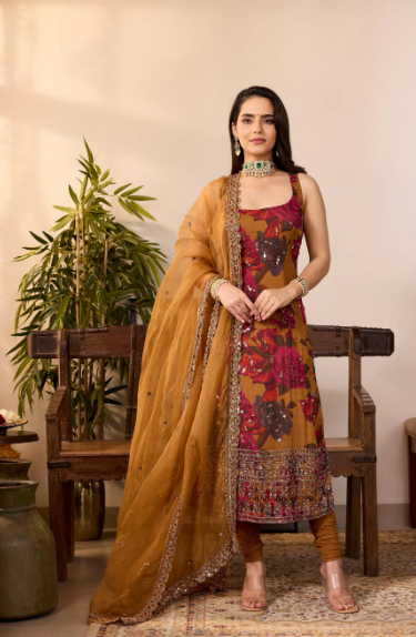 Astha Narang Dark Floral mustard kurti set