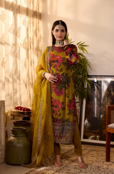 Astha Narang Mustard Chiffon Floral Kurti Set