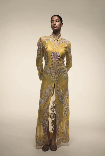 Anita Dongre Mustard Chanderi long coat paired with matching pants.