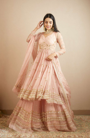 Blush Pink Organza Anarkali With Sharara Set - The Grand Trunk