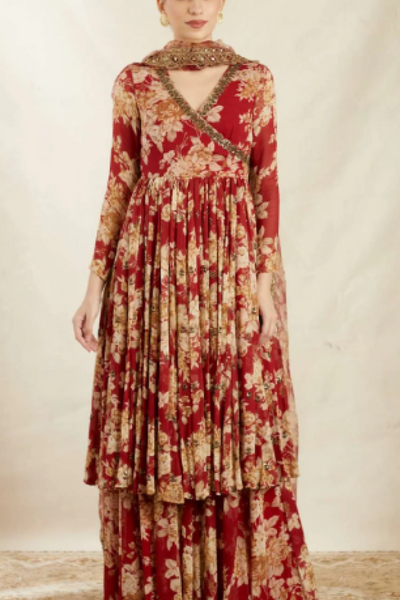 Red Georgette Floral Angrakha Set - The Grand Trunk