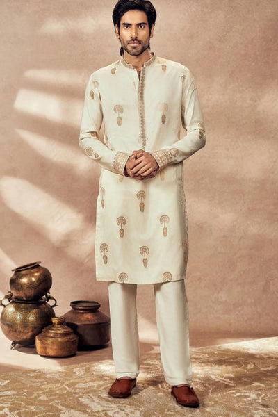 Ivory Travellers Palm Jacquard Kurta Set - The Grand Trunk