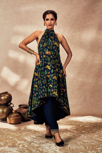 Blue Tropical Rhapsody Halter Neck Tunic Set