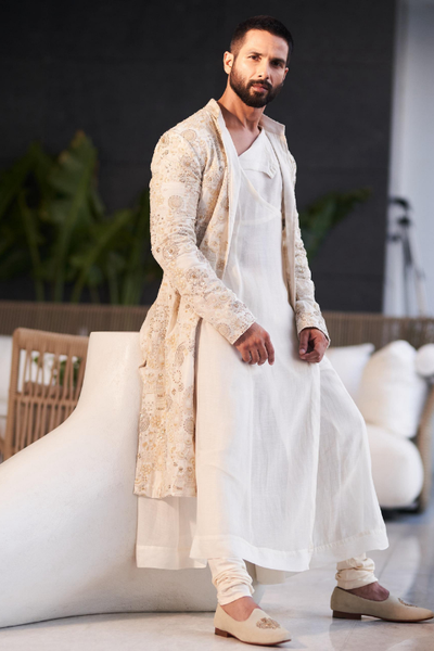 Shahid Kapoor in tribal work long jacket with kurta and churidar