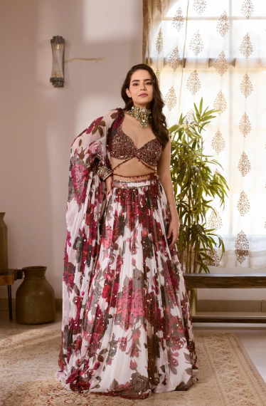 Astha Narang White and Pink floral chiffon lehenga