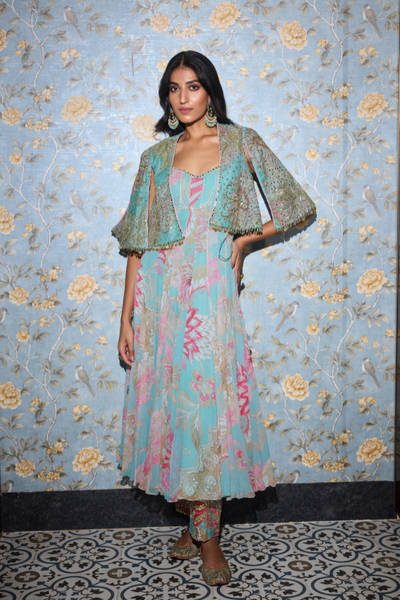 Yasmin Hand embroidered cape with short anarkali and embroidered Pants