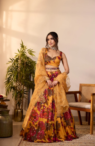 Astha Narang Yellow Chiffon Floral lehenga set