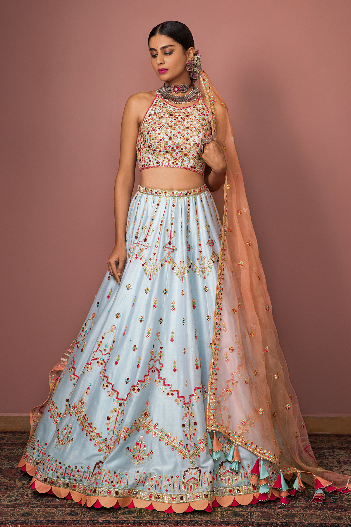 BLUE LEHENGA WITH HALTER BLOUSE | The Grand Trunk