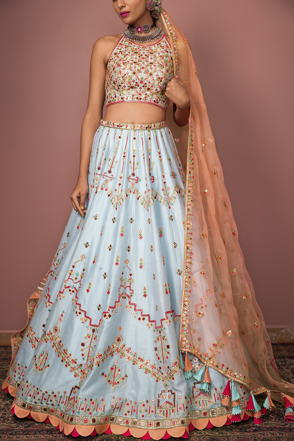 BLUE LEHENGA WITH HALTER BLOUSE - The Grand Trunk