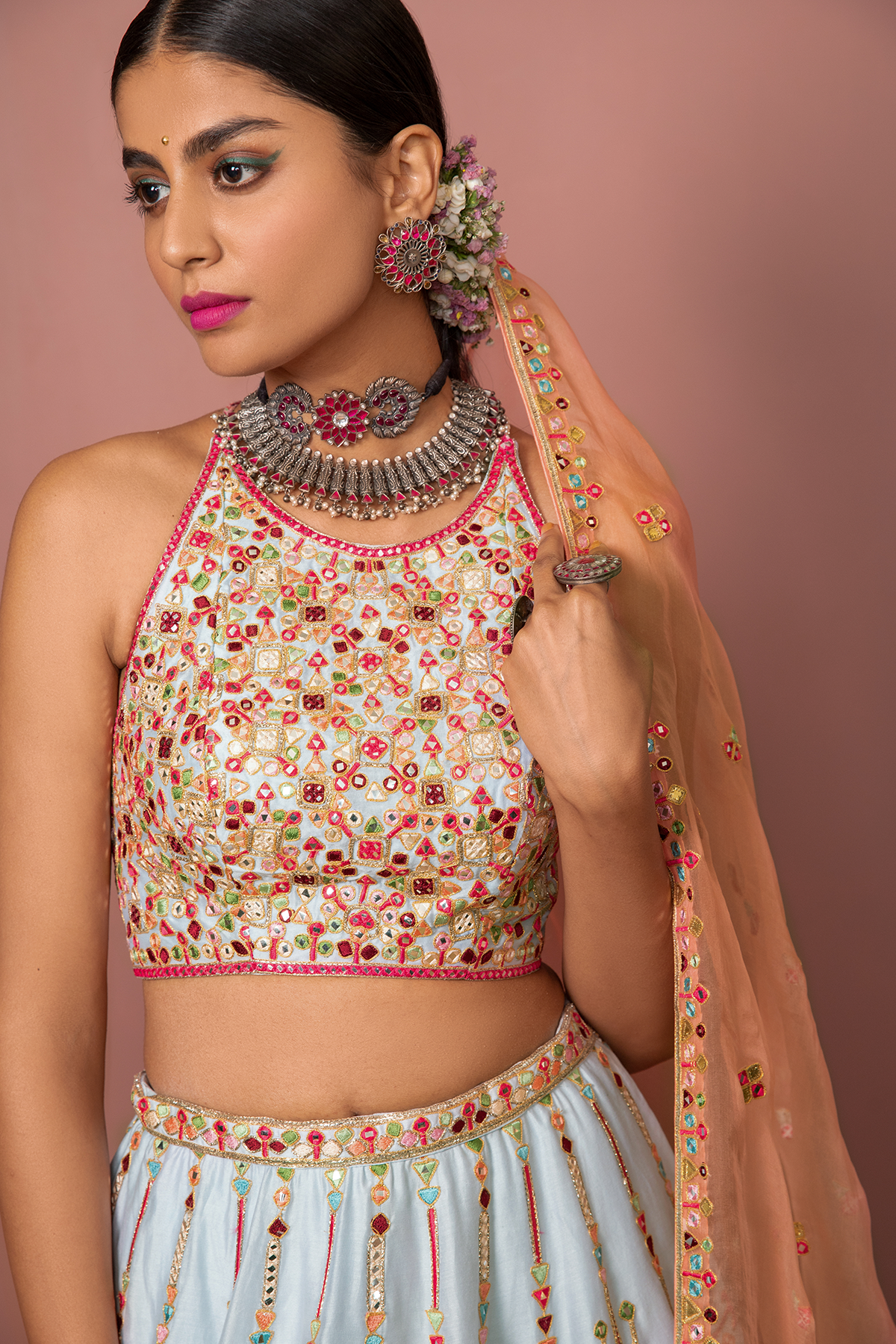 BLUE LEHENGA WITH HALTER BLOUSE - The Grand Trunk