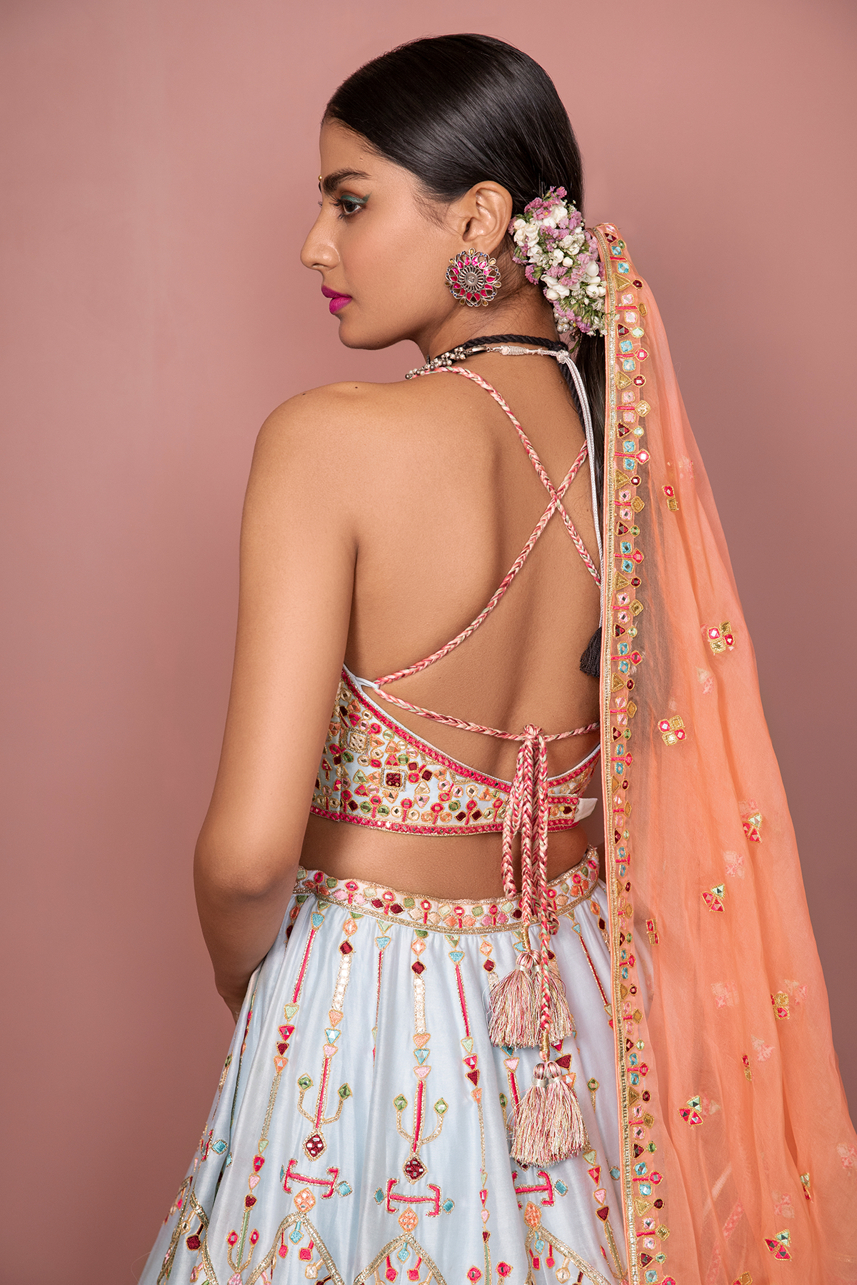 BLUE LEHENGA WITH HALTER BLOUSE - The Grand Trunk