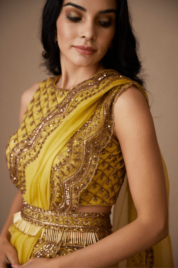 Yellow Organza With Antique Work Scallop Saree Set - The Grand Trunk