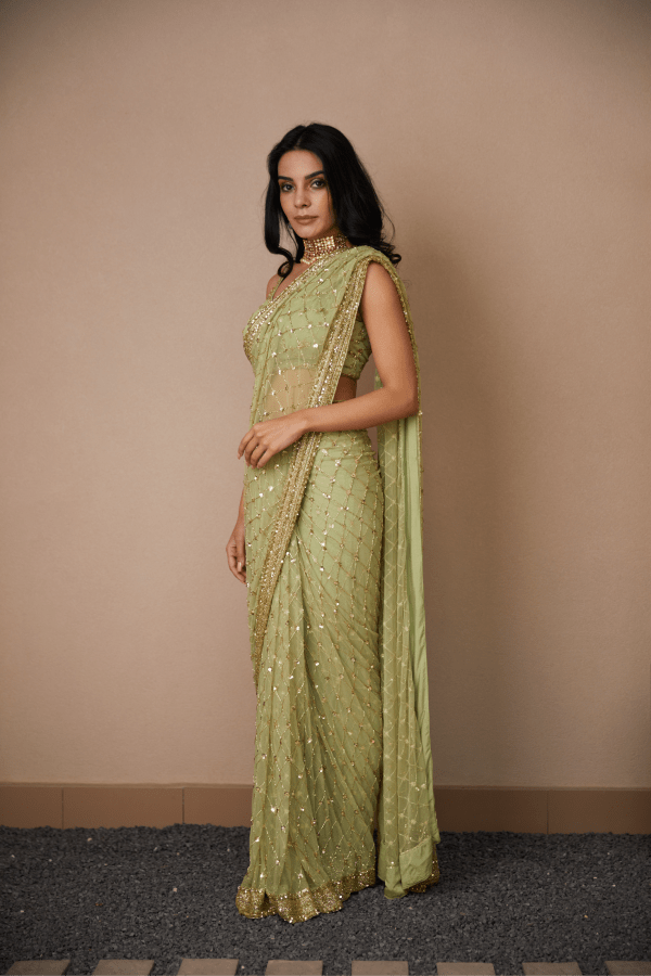 Mint Green Jaal Work Saree Set - The Grand Trunk