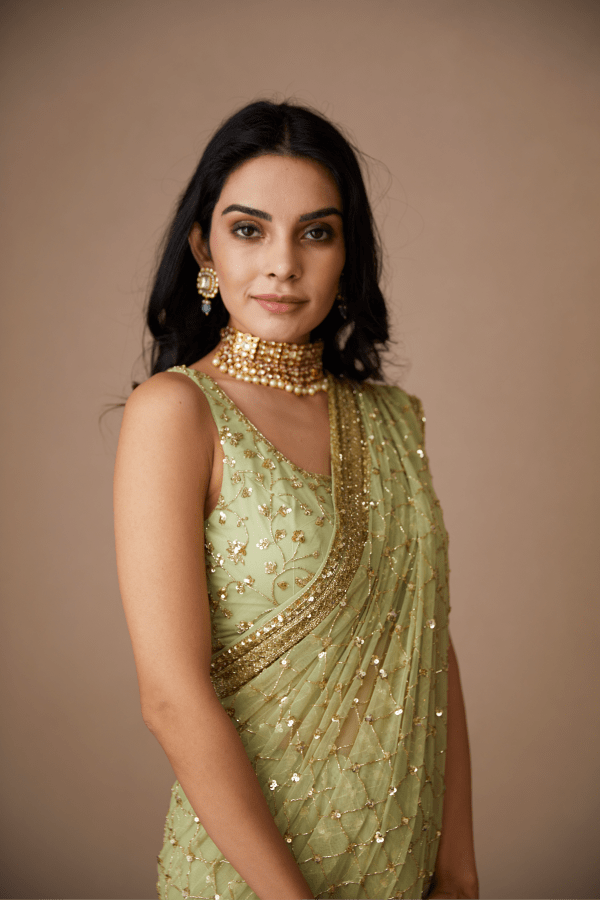 Mint Green Jaal Work Saree Set - The Grand Trunk