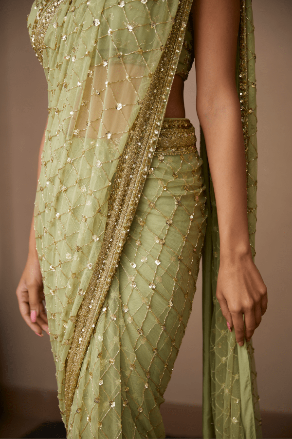 Mint Green Jaal Work Saree Set - The Grand Trunk