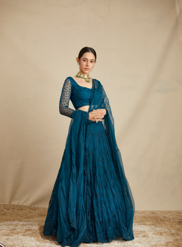 Teal Blue Threadwork Zigzag Lehenga Set - The Grand Trunk