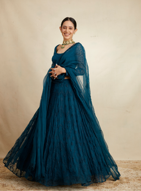 Teal Blue Threadwork Zigzag Lehenga Set - The Grand Trunk