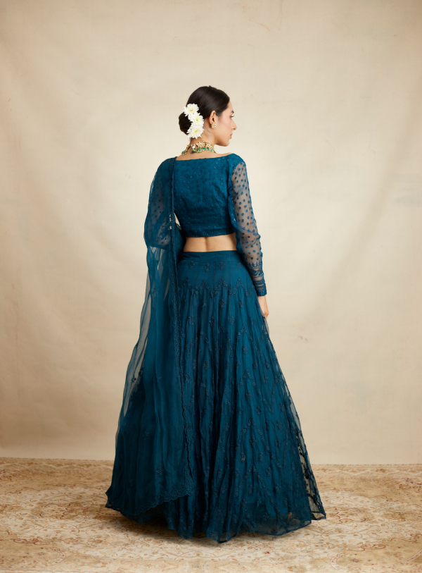 Teal Blue Threadwork Zigzag Lehenga Set - The Grand Trunk