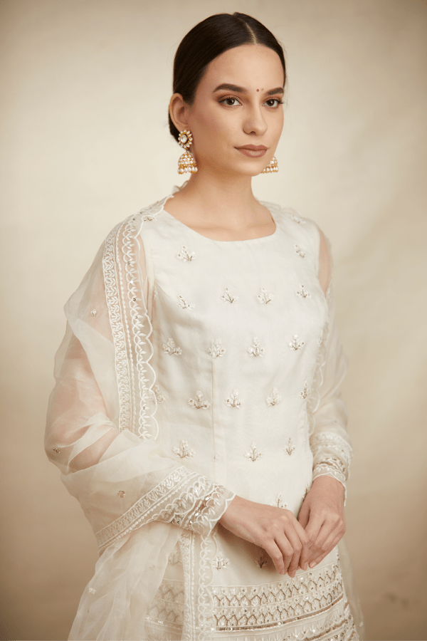 White Organza Threadwork Kurti And Sharara - The Grand Trunk